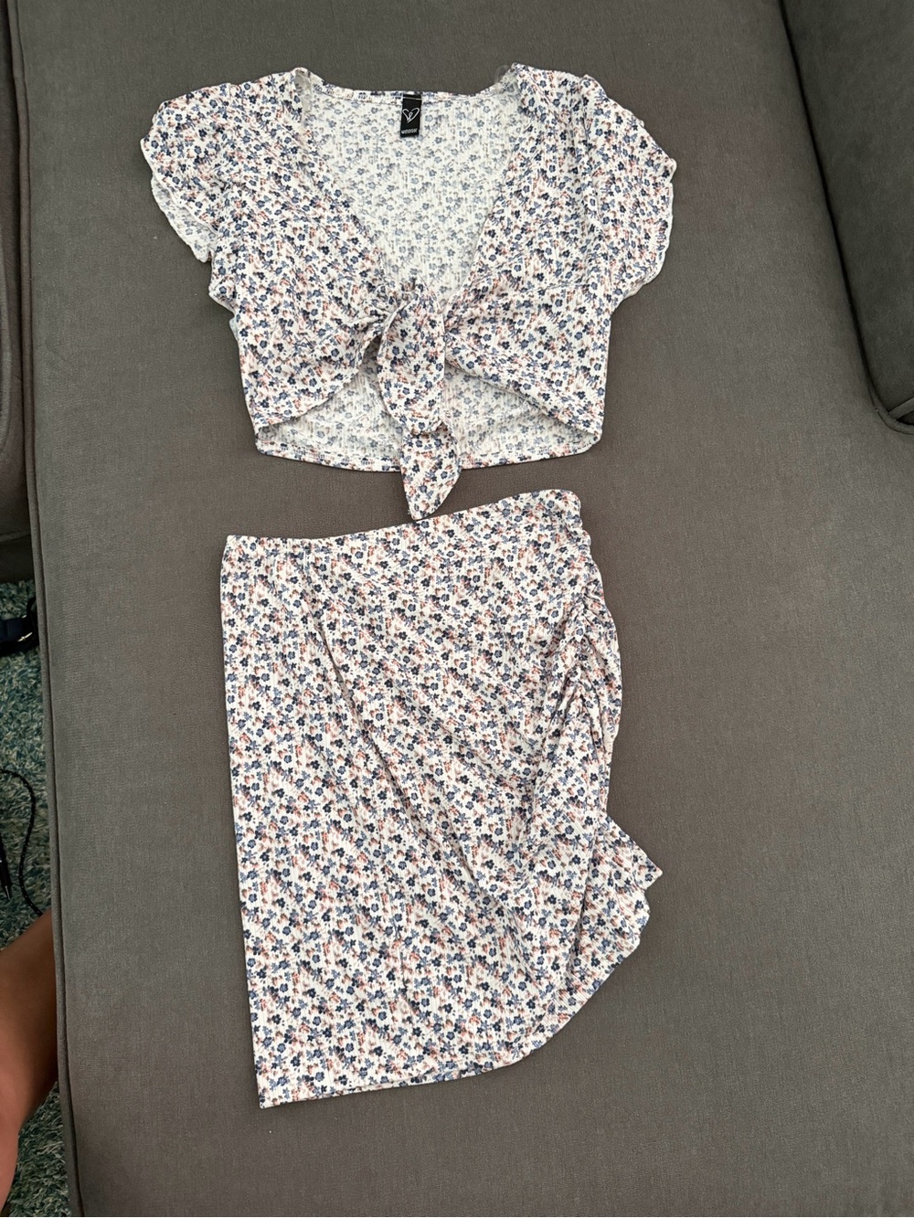 Floral Tie-Front Crop Top & Skirt Set - Blue & Cream - Picture 1 of 3